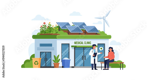 Eco-Friendly Medical Clinic: Sustainable Healthcare with Solar, Wind, and Green Roof. Doctor & Patient.