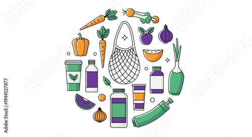 Circular arrangement of healthy food items, eco friendly products, and fresh vegetables in a flat illustration style.