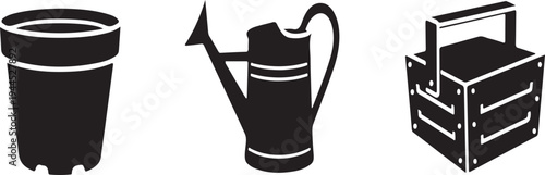 Black silhouettes of trash can watering can and toolbox gardening tools