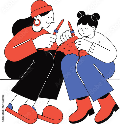 Grandmother Teaching Child Knitting Family Activity Illustration