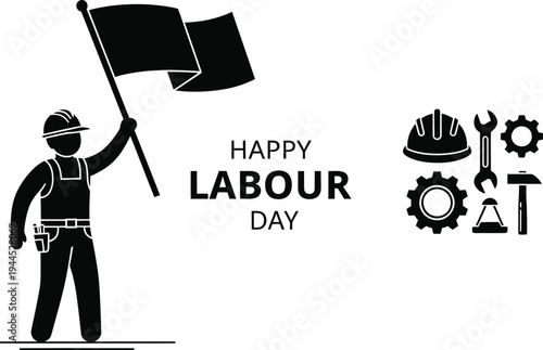 Labour day celebration with worker holding flag