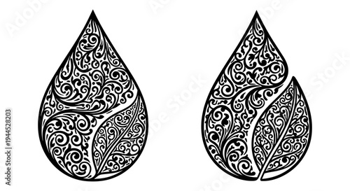 Intricate symmetrical patterns within teardrop shapes featured in artistic design Vector, illustration