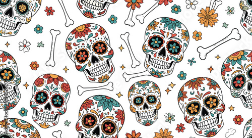 Traditional day of the dead seamless pattern with decorated sugar skulls, bones, and colorful flowers on white.