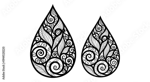 Intricate symmetrical teardrop designs with ornate floral and swirl patterns Vector, illustration