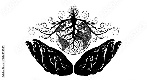 Intricate black and white anatomical hands holding a detailed brain illustration Vector, illustration