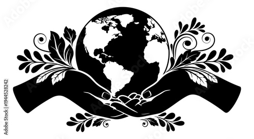 Elegant black and white globe surrounded by decorative ribbon and foliage motifs Vector, illustration
