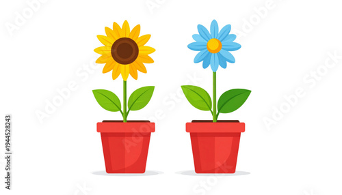 Two vibrant flowers in red pots, one yellow and one blue, standing side by side. isolated on transparent background