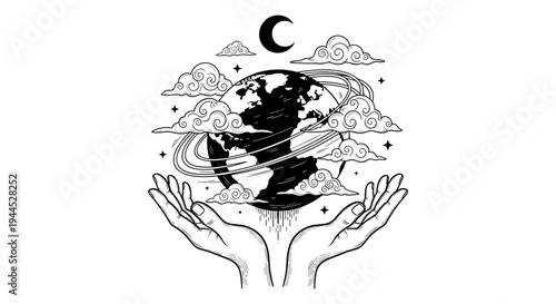 Hands cradling a moonlit tree surrounded by floating clouds and a crescent moon Vector, illustration