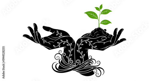 Hands cradling a sprout amidst intertwined roots symbolizing growth and nurturing Vector, illustration