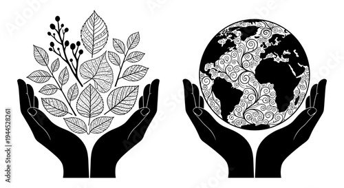 Hands cradling symbols of nature and global unity in a balanced embrace Vector, illustration