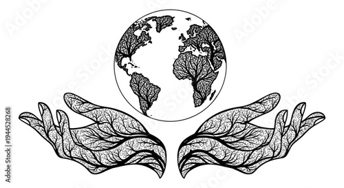 Hands cradling a globe symbolizing global unity and environmental care. Vector, illustration