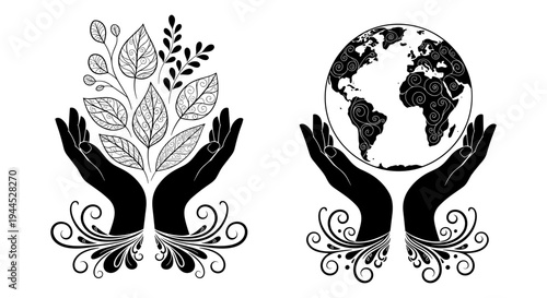Hands cradling tree and globe symbolizing global environmental harmony Vector, illustration