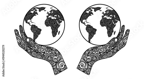 Hands cradling globes symbolizing global unity and protection of the planet. Vector, illustration