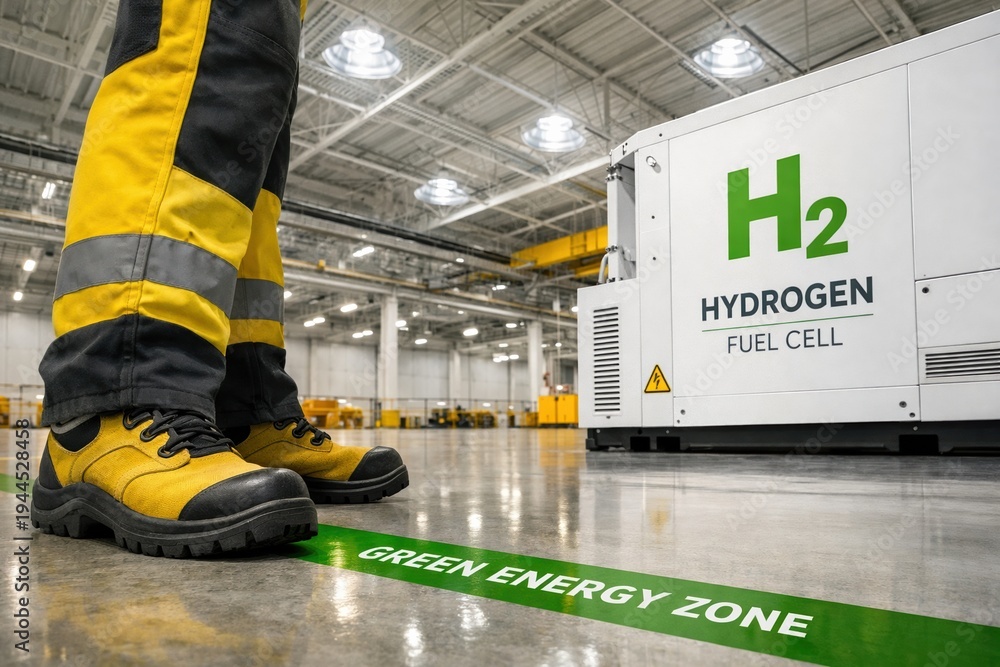 Fototapeta premium Hydrogen Fuel Cell Unit in Industrial Warehouse with Safety Boots