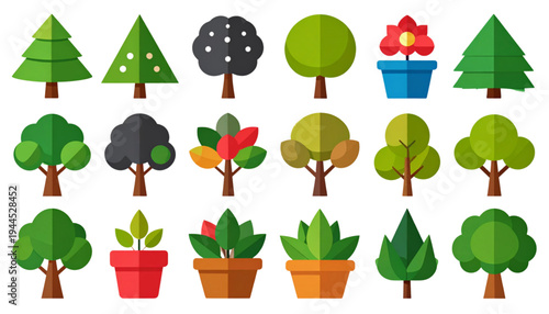 A diverse collection of trees and plants in various sizes and colors, including potted plants isolated on transparent background
