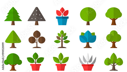 A delightful assortment of various trees and plants in colorful pots and planters isolated on transparent background