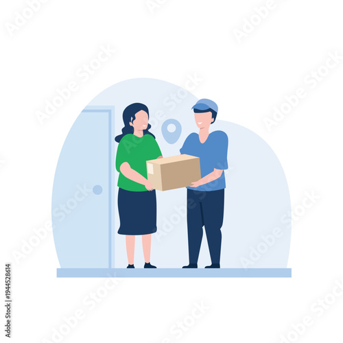 Delivery person handing a package to a woman at her doorstep, illustration