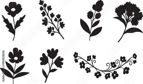 Black silhouettes of various flowers and floral arrangements plants