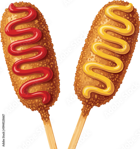 Korean corn dog vector illustration, crispy breaded hot dog snack with ketchup and mustard topping, street food fast food icon isolated