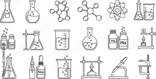 Chemistry laboratory icons set with flasks test tubes molecules microscope and scientific equipment outline vector illustration