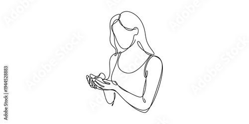 Continuous line drawing of a young woman holding a small object in her cupped hands thoughtfully. Vector, illustration