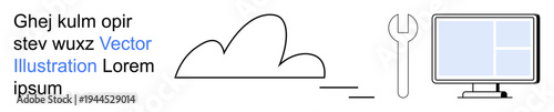 Cloud computing, technology tools, software setup, IT management, development, and networking. A cloud, a wrench and a monitor. Cloud computing and technology tools concept