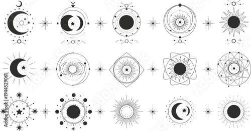 Celestial Sun Moon Symbol Collection with Mystic Cosmic Circles, Sacred Geometry, Stars, and Esoteric Astrology Line Art Vector Set