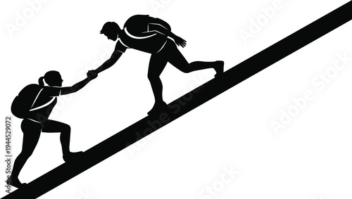 Silhouette hikers teamwork helping climb mountain slope, black white vector illustration representing support cooperation leadership outdoor design art