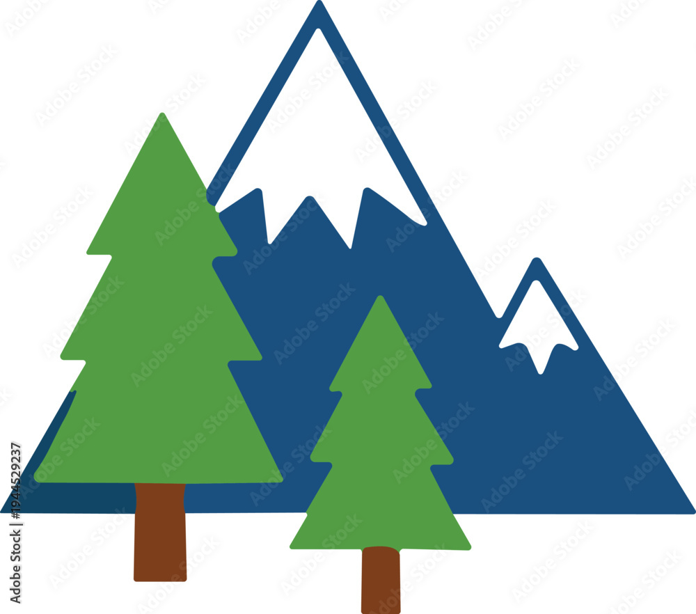 Fototapeta premium PrintNature landscape vector illustration with pine trees, snowy mountains, scenic outdoor design symbolizing hiking, environment, and wilderness art