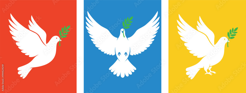 Fototapeta premium Peace doves vector illustration with olive branches in flight against red, blue, and yellow backgrounds symbolizing harmony and unity design