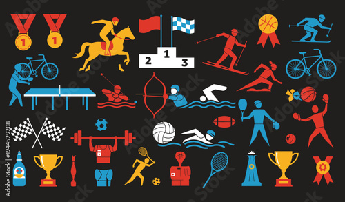 Colorful sports vector illustration with diverse athletic activities icons including cycling, swimming, tennis, basketball, soccer, boxing, and achievement symbols