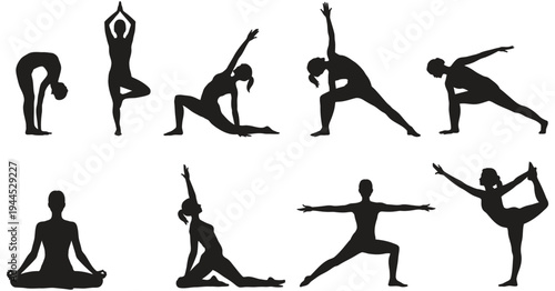 Collection of yoga pose silhouette icons, women meditation, stretching, balance and fitness exercises, wellness and mindfulness practice, isolated white background design.
