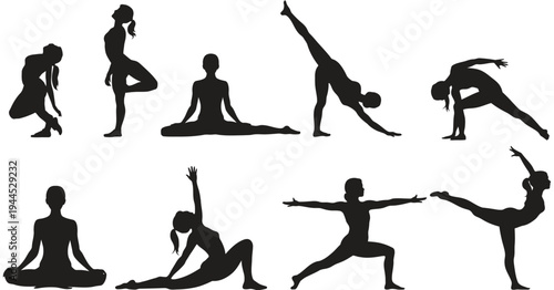 Collection of yoga pose silhouette icons, women meditation, stretching, balance and fitness exercises, wellness and mindfulness practice, isolated white background design.