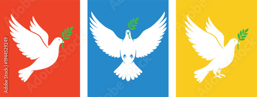 Peace doves vector illustration with olive branches in flight against red, blue, and yellow backgrounds symbolizing harmony and unity design