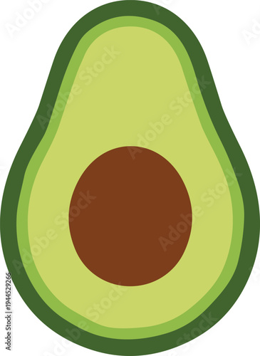Pixel art avocado vector illustration with halved fruit showing green skin, light flesh, and brown seed in simplified digital design