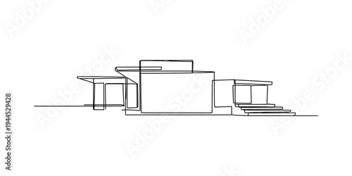 Continuous line drawing of a modern minimalist house with a flat roof and outdoor stairs. Vector, illustration