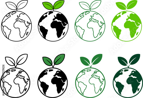 Ecology Earth Globe with Green Leaf Icon Set for Environmental Conservation and Sustainable Nature Care Concepts