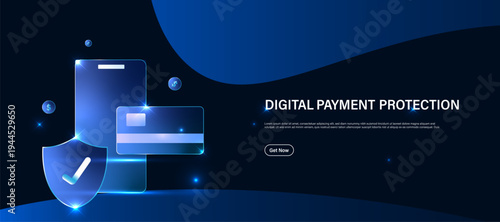 AI digital payment concept. Mobile payment icon with blue glowing tech background. Artificial intelligence powered protected modern online payment technology.