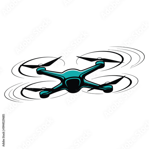 A sleek quadcopter drone in mid-flight with rotating propellers.
