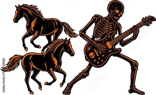 Rocking Skeleton Guitarist with Wild Horses – Dark Rock Illustration