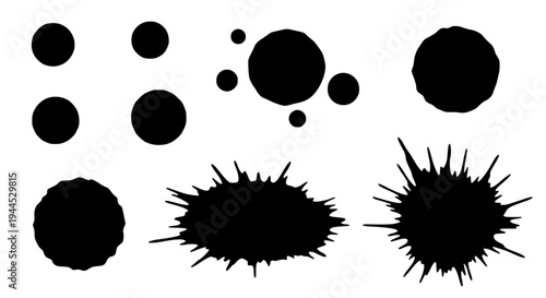 Splashes black ink set with various sized circles and dynamic splatters featuring graphic elements, design resources,