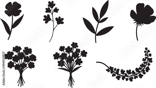 Black silhouettes of various flowers and leaves on white background 4