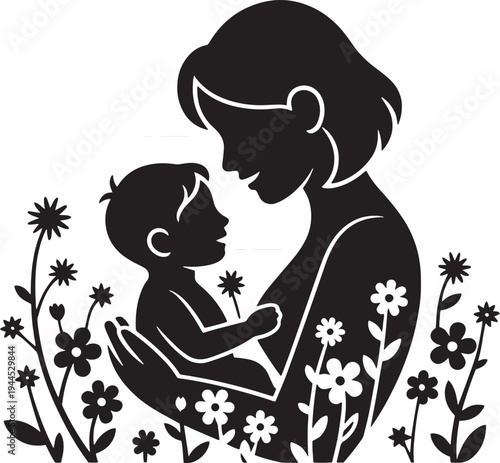 Silhouette of loving mother holding her baby surrounded by blooming flowers, representing joy, maternal bond, and natural beauty, black and white vector on transparent background