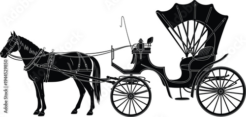 Black silhouette of a vintage horse-drawn carriage with an elegant folding canopy hood and traditional harness gear, isolated vector illustration for classic transportation design projects.