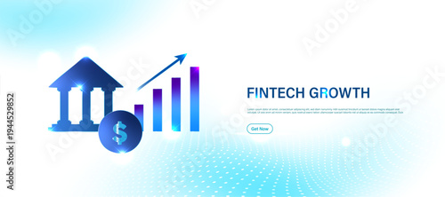  fintech growth concept. Financial technology icon with glowing blue digital background. Artificial intelligence powered fintech platforms, secure transactions 
