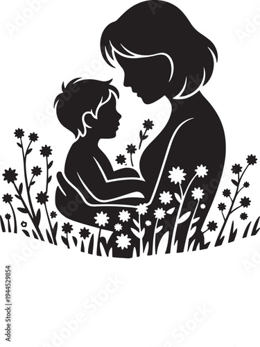Silhouette of mother embracing her baby surrounded by wildflowers, symbolizing maternal love, nature, and new life, black and white vector on transparent background