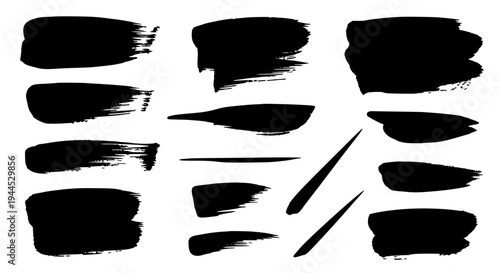 Brush strokes set with black grunge textures and abstract shapes featuring brushstrokes, artistic, vector with