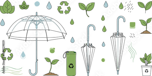 Eco friendly umbrella collection with transparent umbrella folded umbrellas recycle symbols water drops and green leaves environmental concept vector illustration set