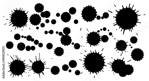 Inkblots scattered set with black splatters and droplets on white background featuring art supplies, creative, messy