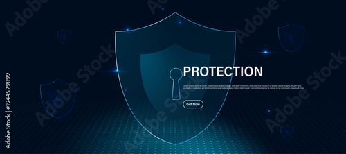 AI cyber security protection concept. Digital shield icon with lock symbol on blue technology background.